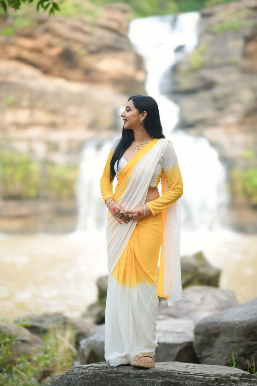 The 1-Minute Drape: Ombré Yellow & Pearl White Pre-Pleated Saree