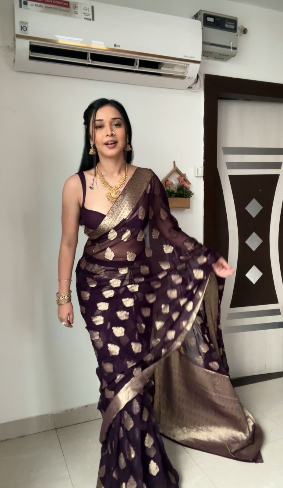 Deep Plum Georgette Banarasi Saree | Pre-Pleated Ready-to-Wear Saree with Zari Motifs