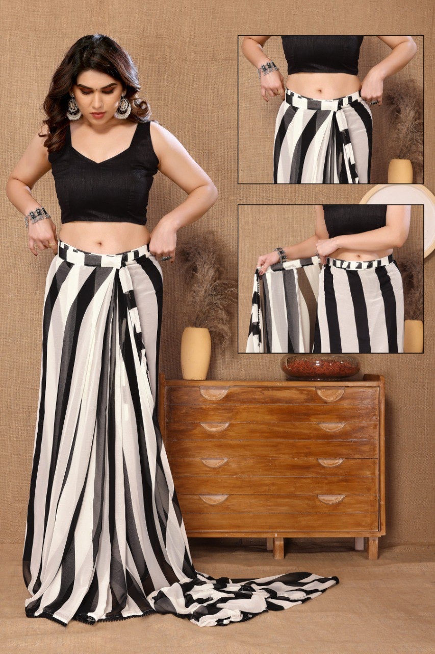 Bold Black & White Striped Georgette Pre-Pleated Ready-to-Wear Saree