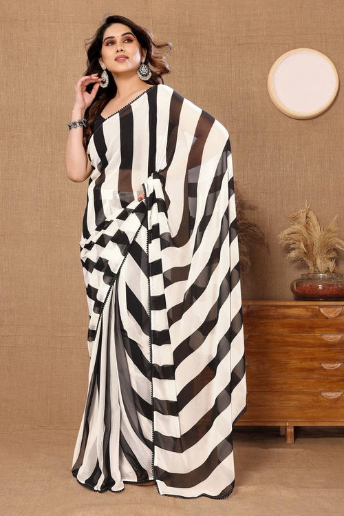 Bold Black & White Striped Georgette Pre-Pleated Ready-to-Wear Saree