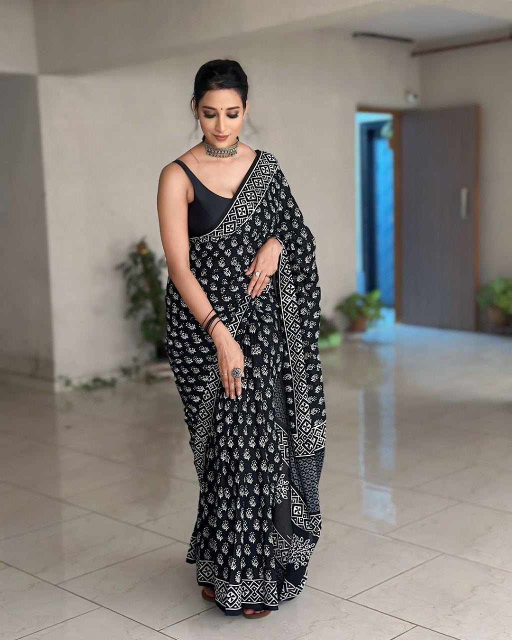 Black & White Hand-Block Print Ready-to-Wear Saree | Pre-Pleated Cotton Saree