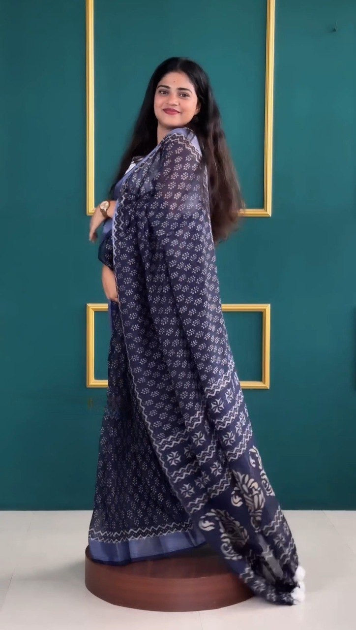 Indigo Blue Hand-Block Print Ready-to-Wear Saree | Pre-Pleated Mulmul Cotton Saree