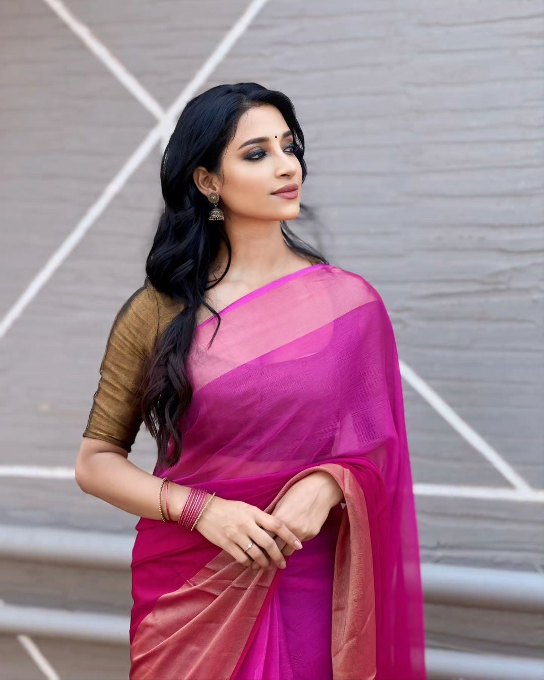 Sky Blue & Blush Pink Ombre Chiffon Saree | Ready To Wear Saree