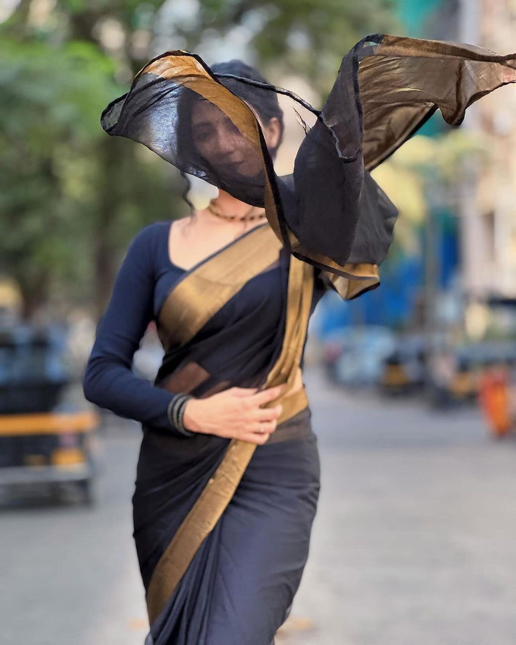 Black Chiffon Saree with Copper Zari Border | Ready to wear Saree