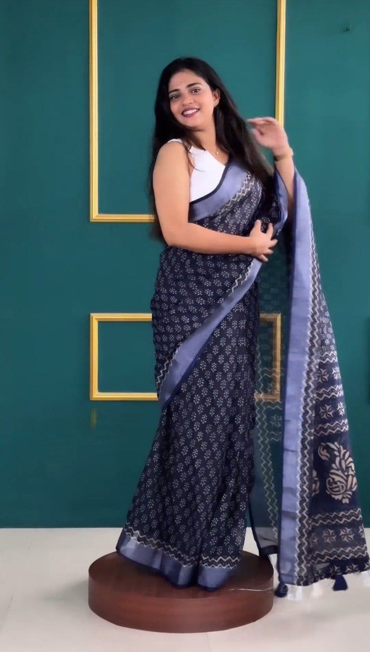 Indigo Blue Hand-Block Print Ready-to-Wear Saree | Pre-Pleated Mulmul Cotton Saree