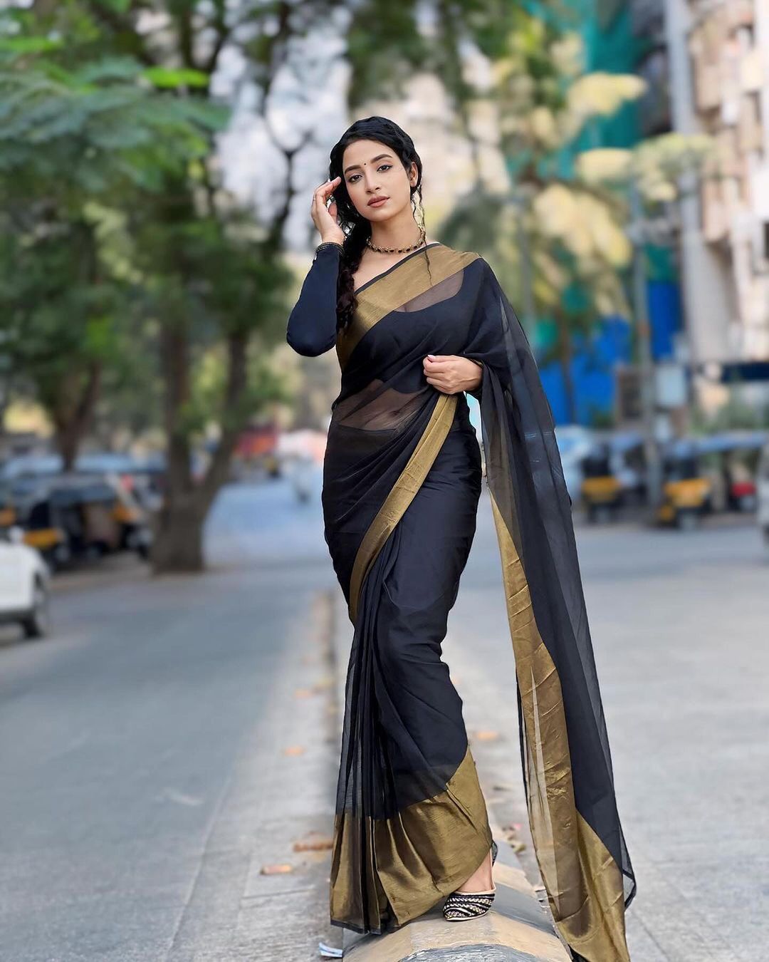 Black Chiffon Saree with Copper Zari Border | Ready to wear Saree