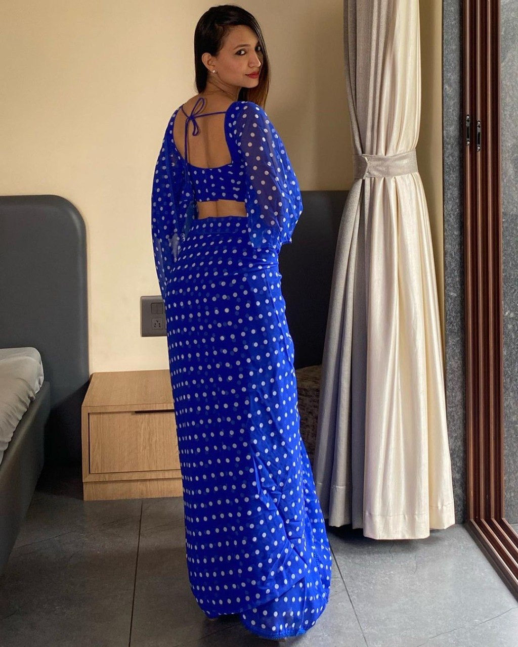 Blue Georgette Ready To Wear Pre Pleated Saree