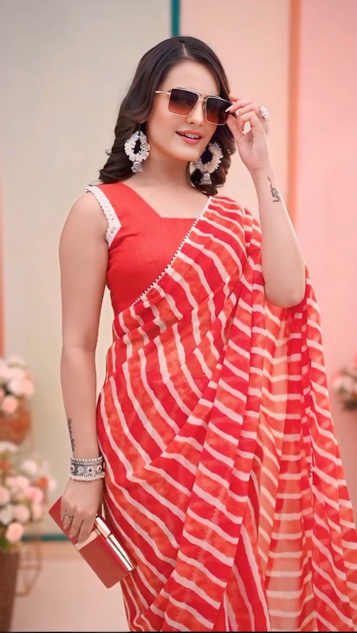 Red Lehariya Print Ready to Wear Pre Pleated Saree