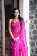 The Sweetheart Drape: Hot Pink Pre-Pleated Ready to Wear Saree with Silver Heart Accents