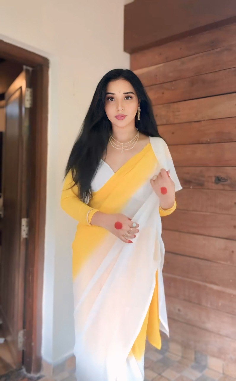 The 1-Minute Drape: Ombré Yellow & Pearl White Pre-Pleated Saree