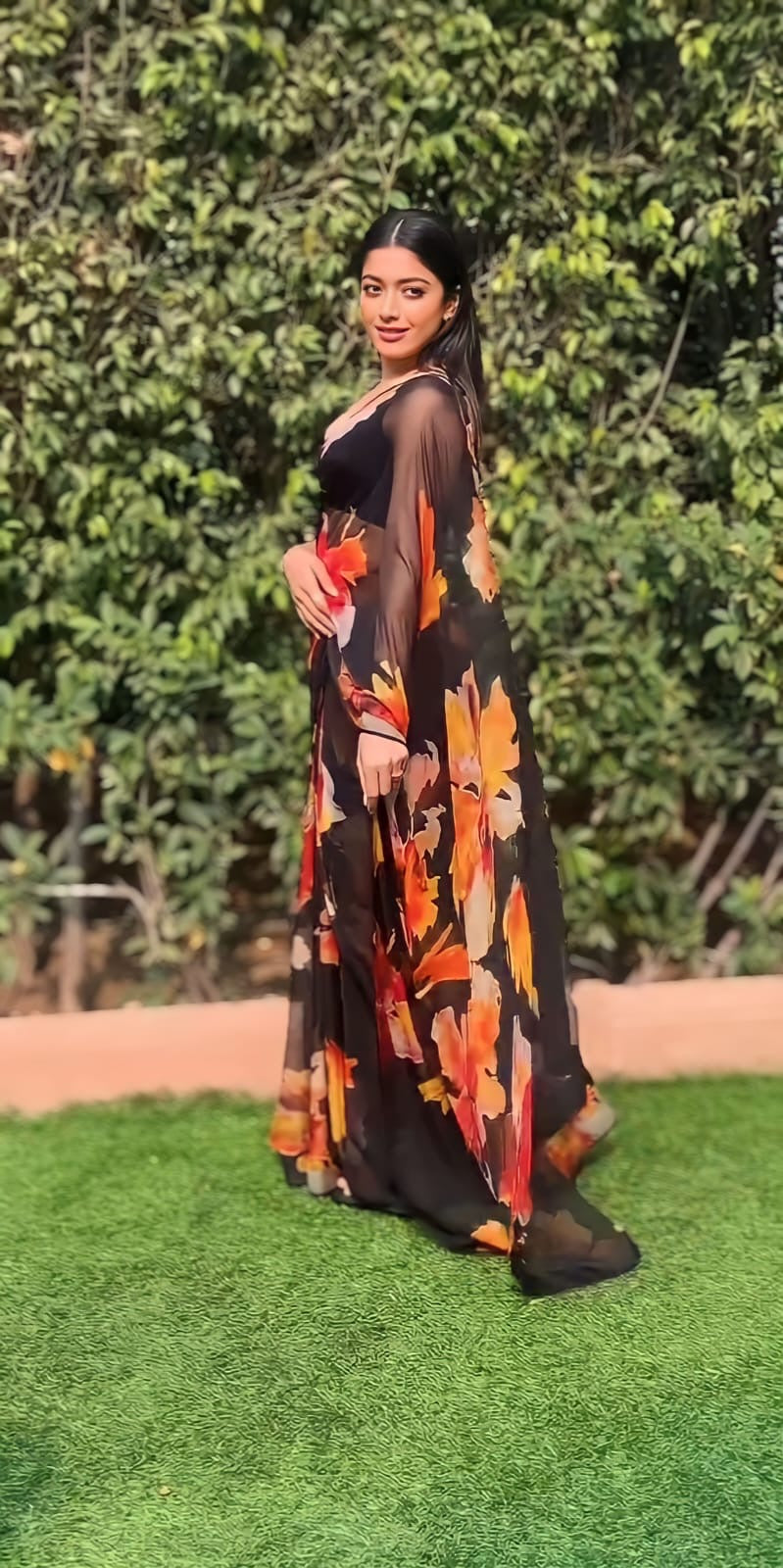Black Floral Print Ready-to-Wear Organza Saree | Pre-Pleated Saree