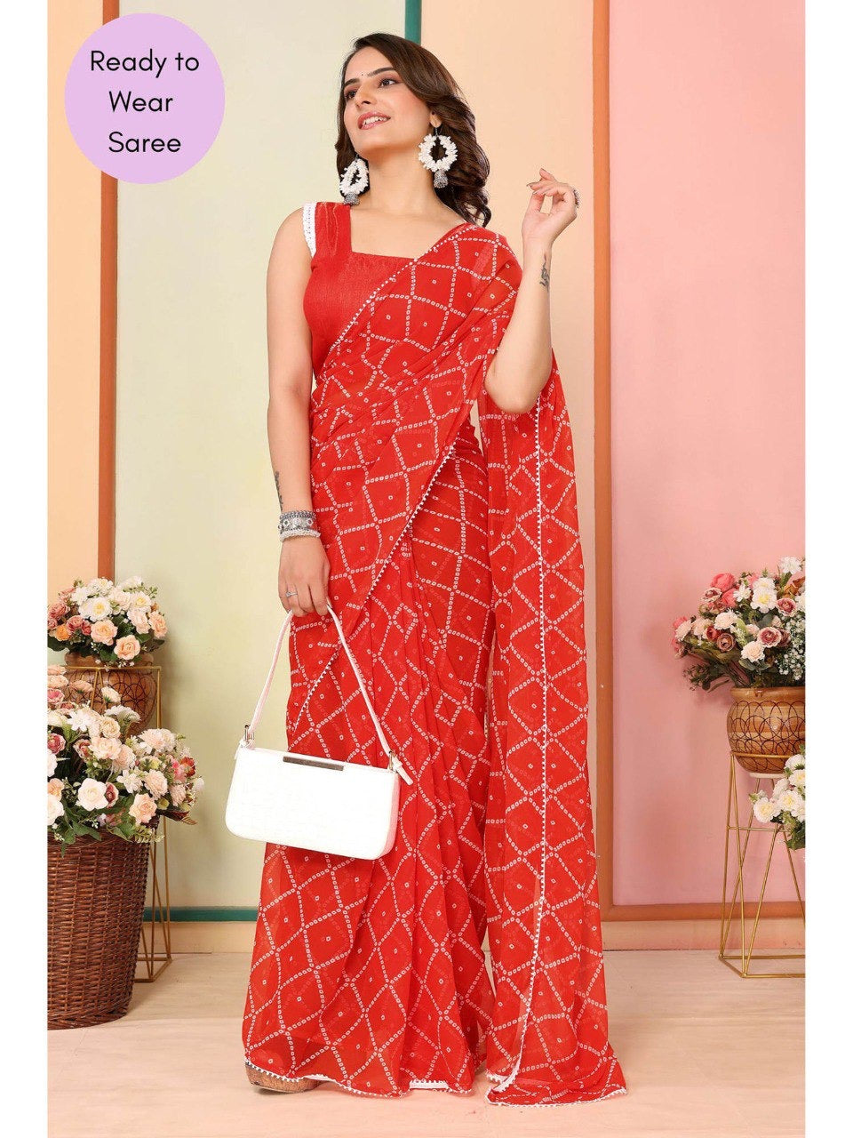 Vibrant Orange Ready-to-Wear Bandhani Saree with Pearl Lace Border
