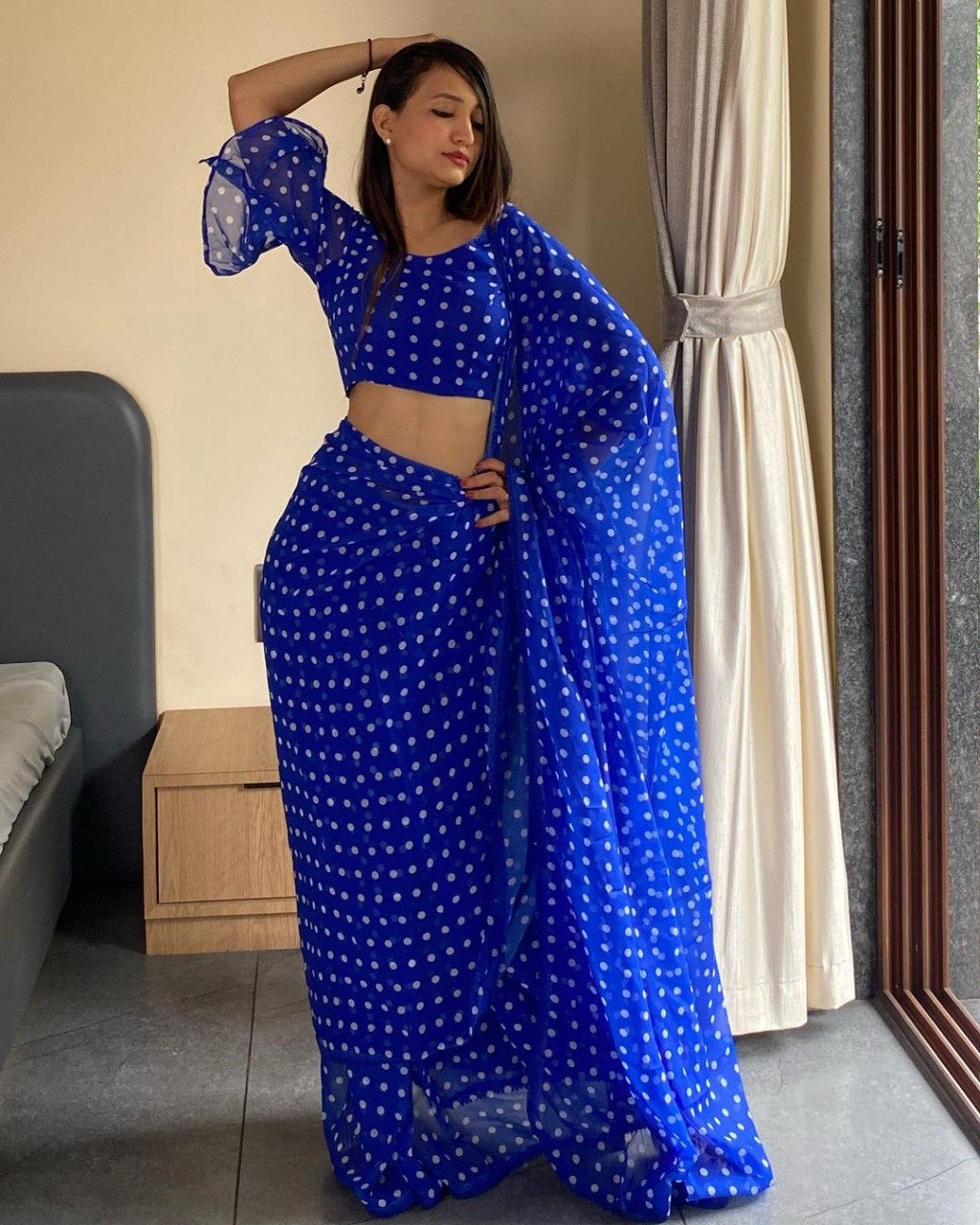Blue Georgette Ready To Wear Pre Pleated Saree