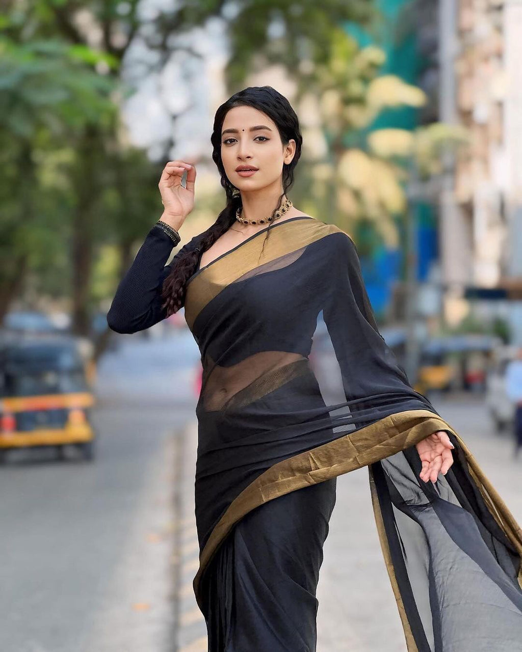 Black Chiffon Saree with Copper Zari Border | Ready to wear Saree