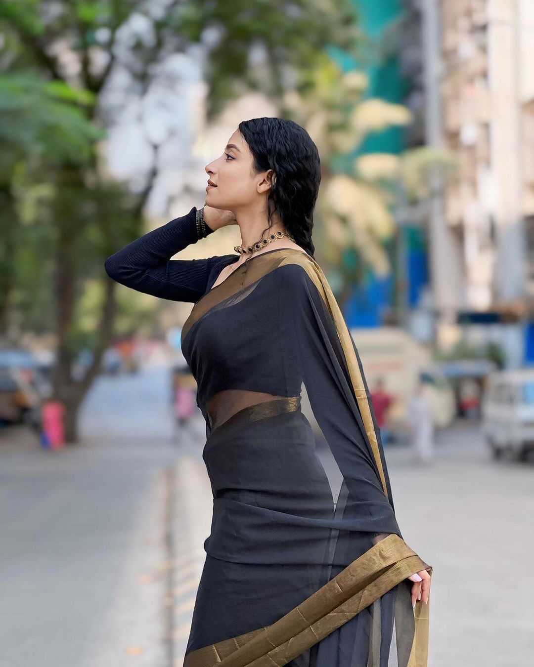 Black Chiffon Saree with Copper Zari Border | Ready to wear Saree
