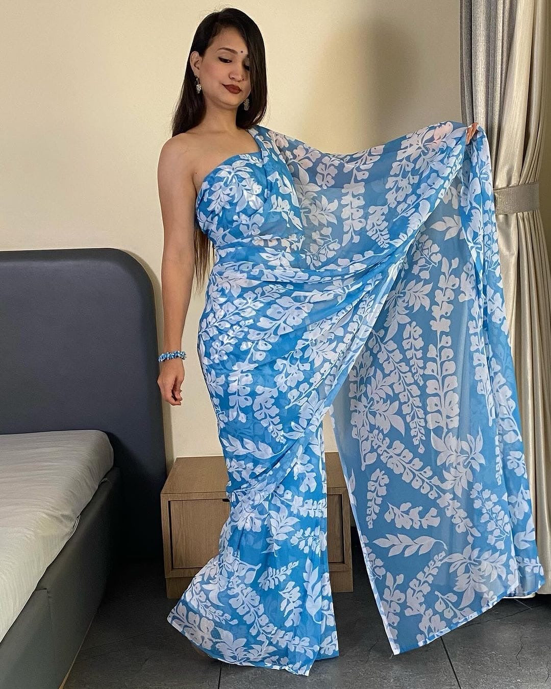Sky Blue Floral Printed Georgette Ready-to-Wear Saree