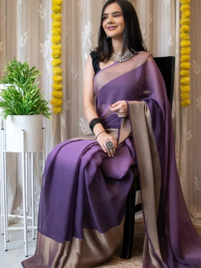 Fuchsia Pink Chiffon Saree with Copper Zari Border |Ready to Wear Saree