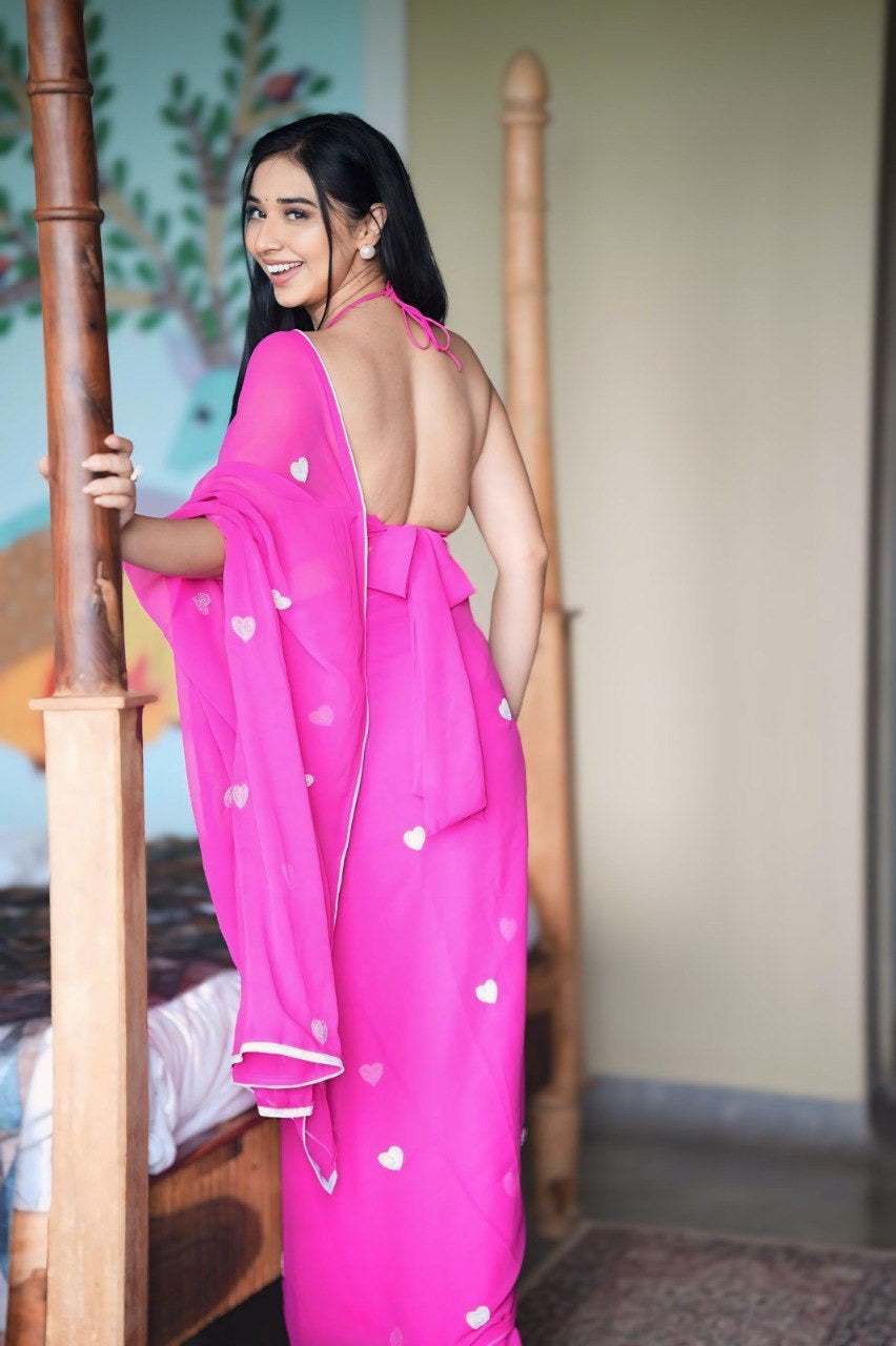The Sweetheart Drape: Hot Pink Pre-Pleated Ready to Wear Saree with Silver Heart Accents