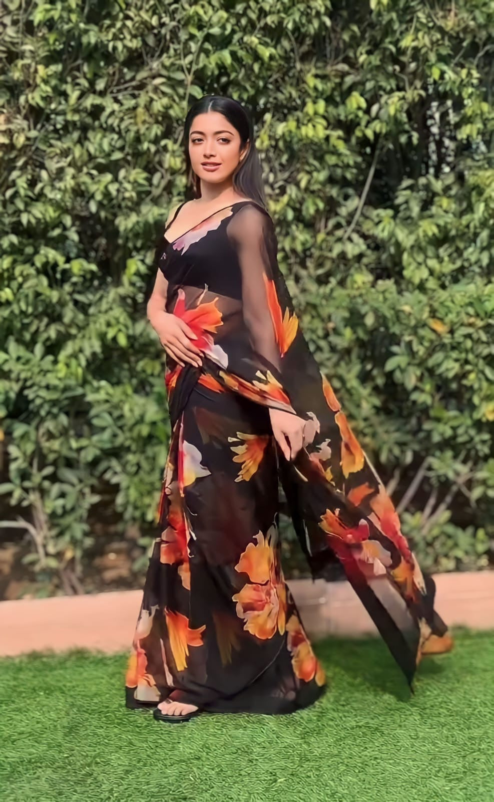 Black Floral Print Ready-to-Wear Organza Saree | Pre-Pleated Saree