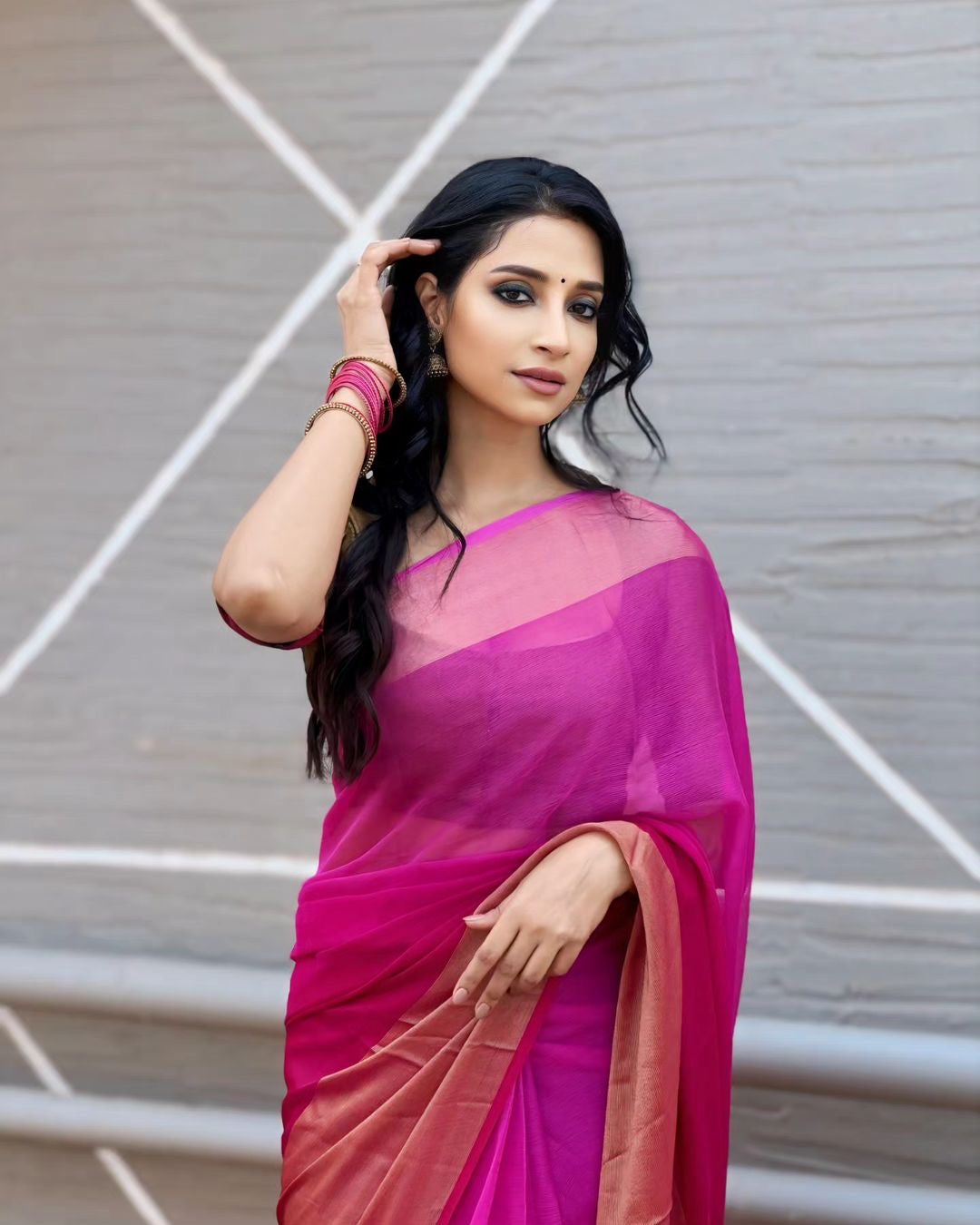 Sky Blue & Blush Pink Ombre Chiffon Saree | Ready To Wear Saree