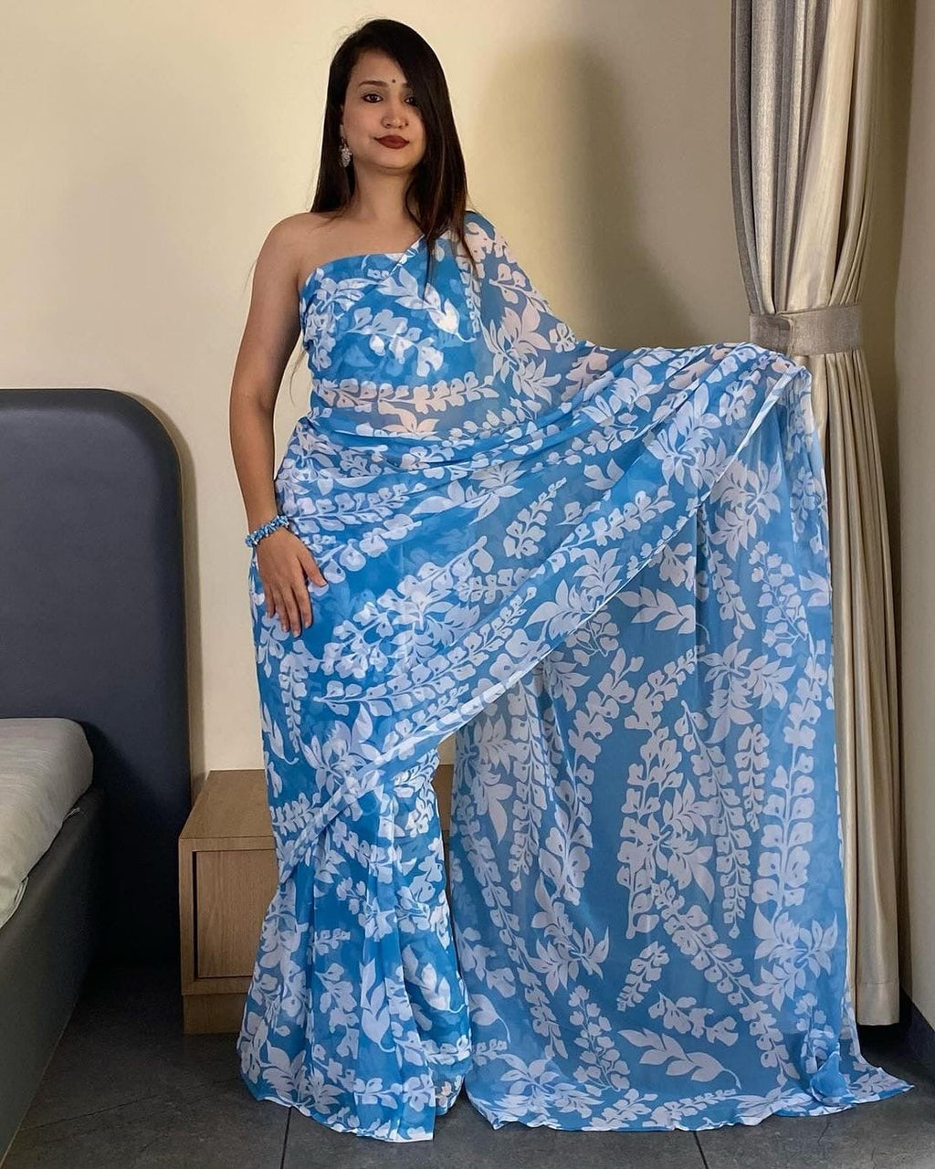 Sky Blue Floral Printed Georgette Ready-to-Wear Saree